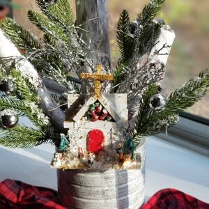 Christmas table top display. With lights. Handmade wood church.